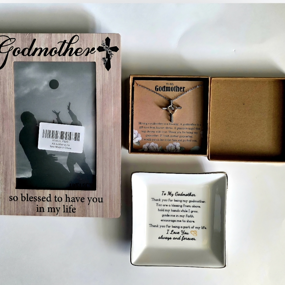 Godmother necklace, frame and trinket dish.
